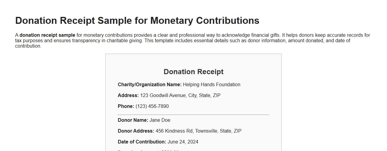 Donation receipt sample for monetary contributions image preview