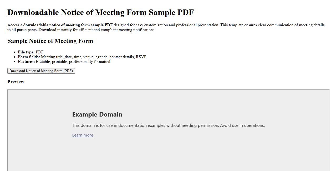 downloadable notice of meeting form sample PDF image preview