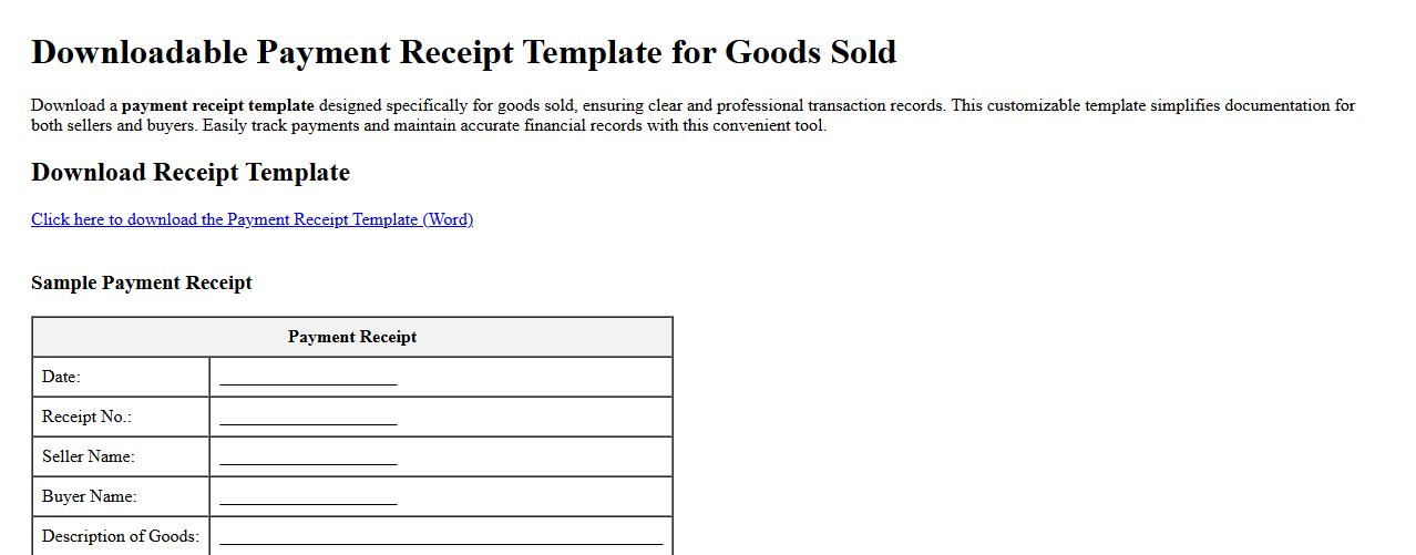 Downloadable payment receipt template for goods sold image preview