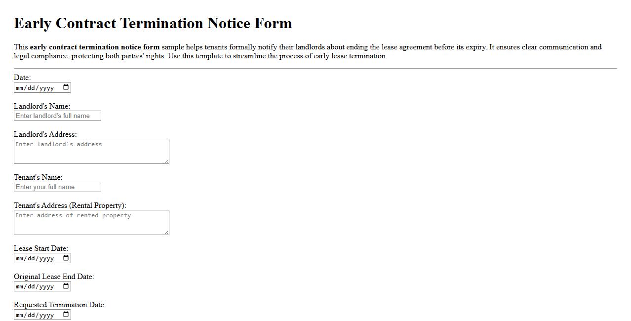 Early contract termination notice form sample for tenants image preview