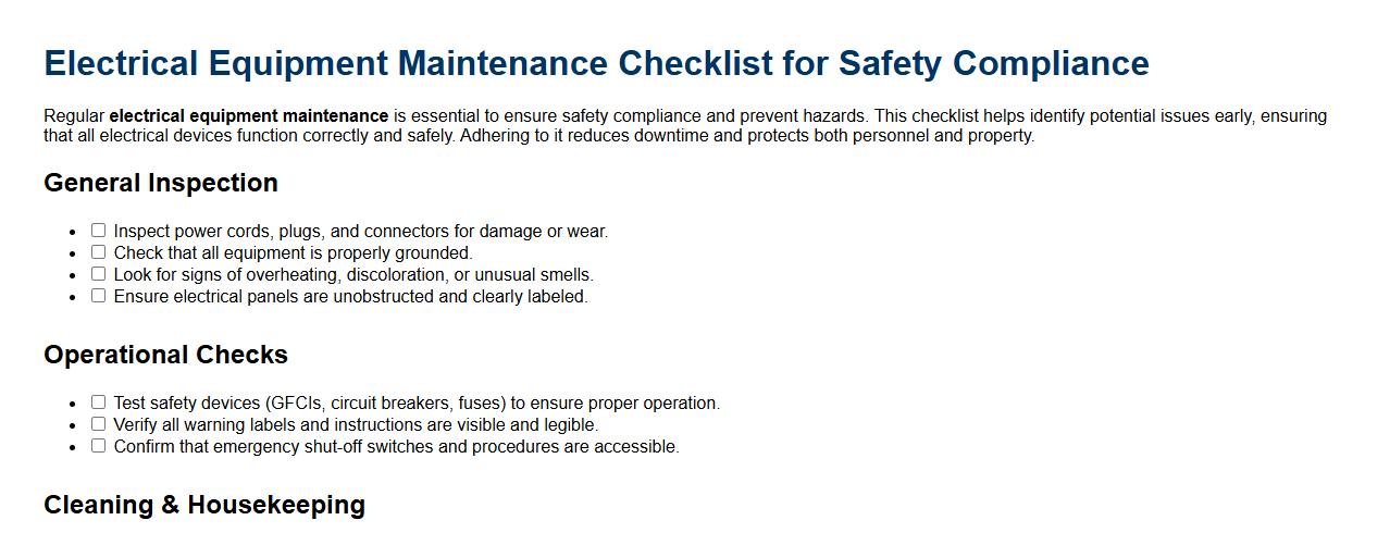 Electrical equipment maintenance checklist for safety compliance image preview