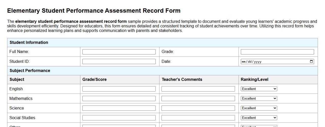 Elementary student performance assessment record form sample image preview