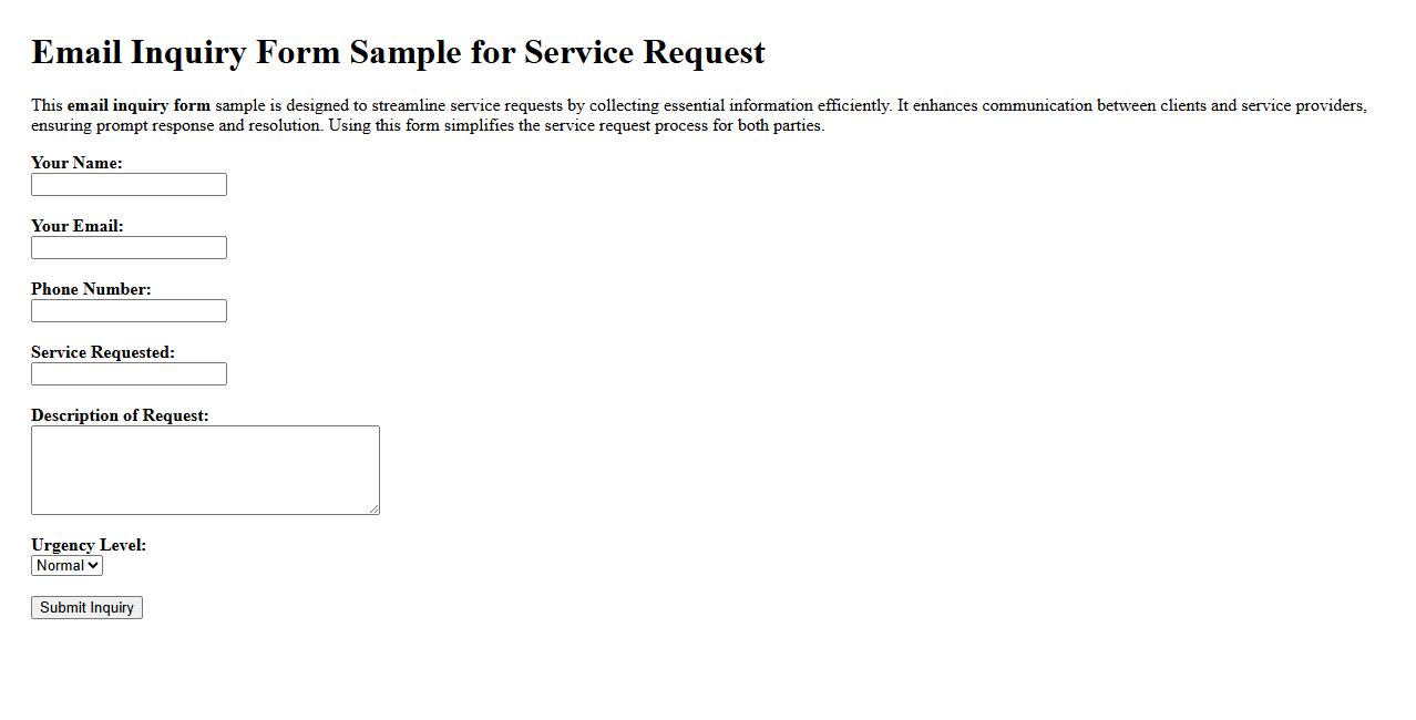 Email inquiry form sample for service request image preview