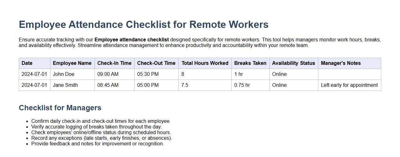Employee attendance checklist for remote workers image preview