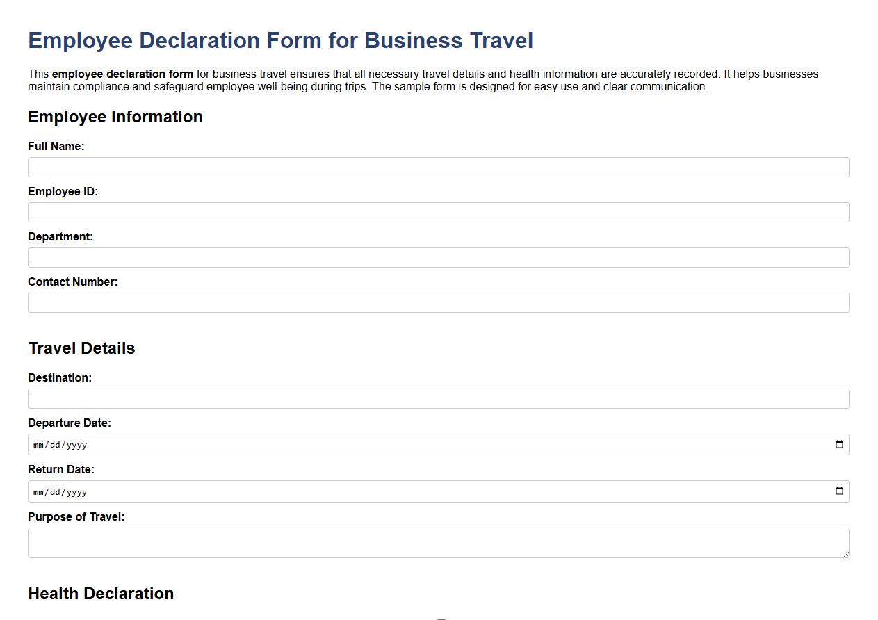Employee declaration form sample for business travel image preview