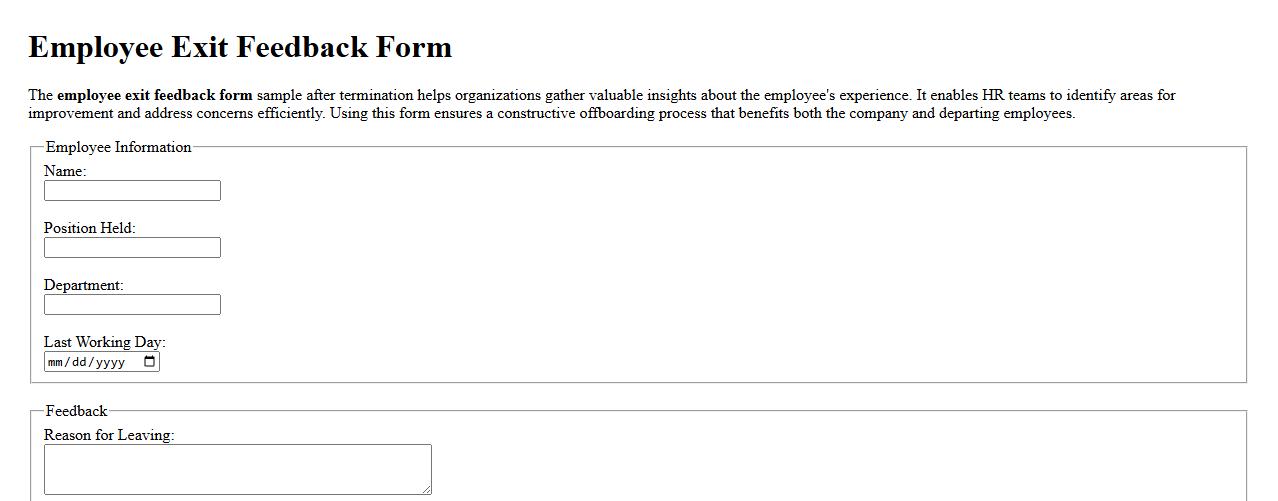 Employee exit feedback form sample after termination image preview