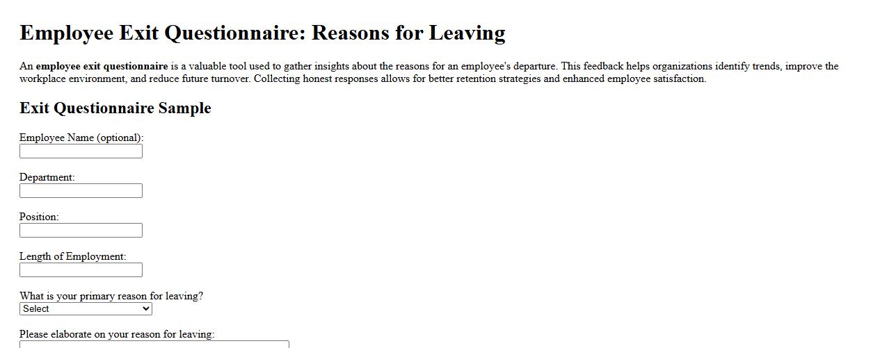 Employee exit questionnaire on reasons for leaving image preview