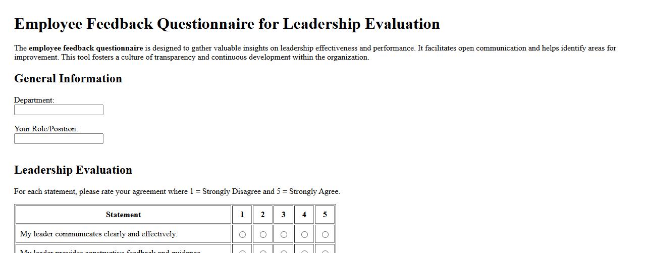Employee feedback questionnaire for leadership evaluation image preview