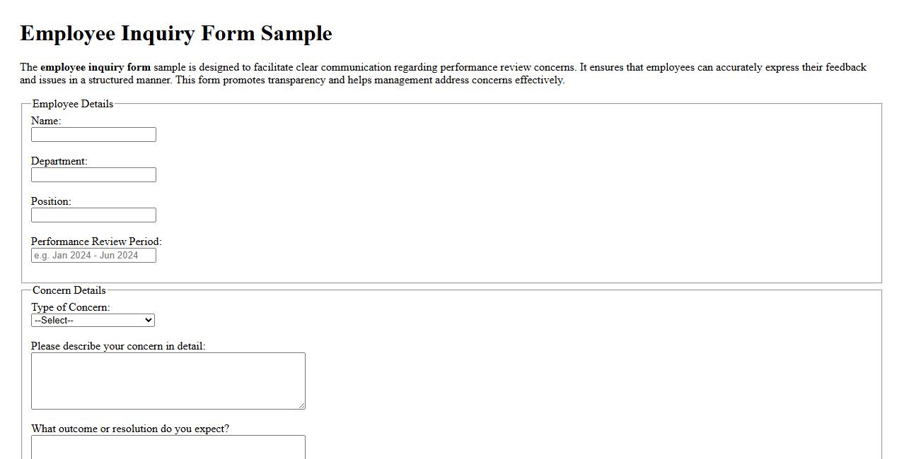 Employee inquiry form sample for performance review concerns image preview