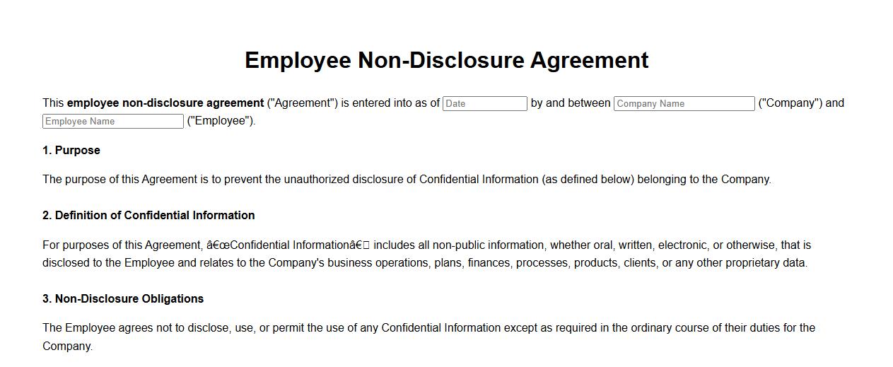 employee non-disclosure agreement contract form sample image preview