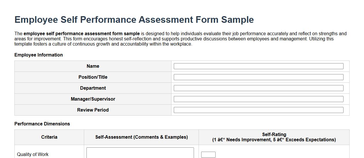 employee self performance assessment form sample image preview