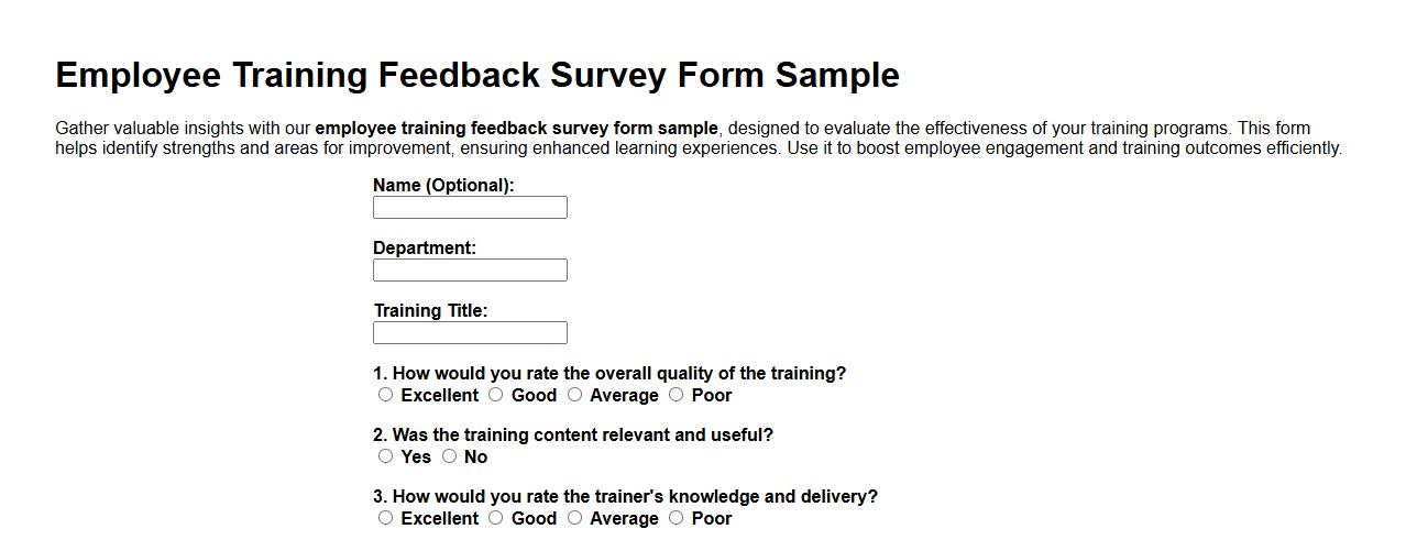 employee training feedback survey form sample image preview