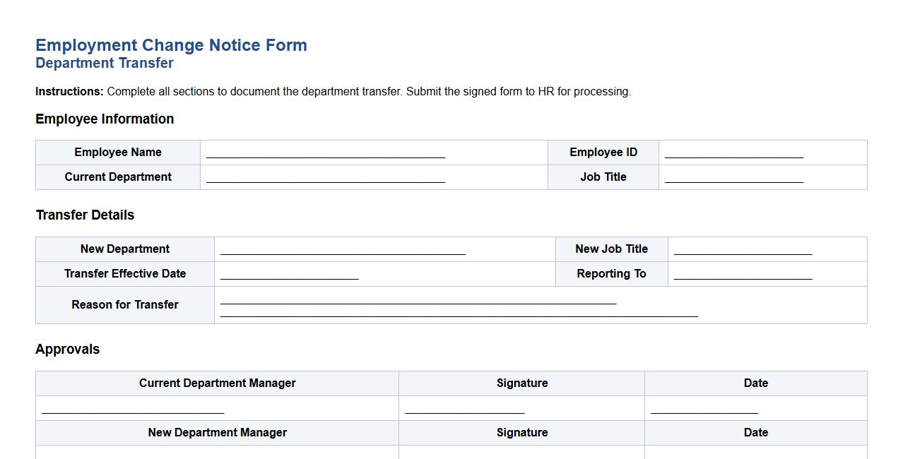 Employment change notice form sample for department transfer image preview