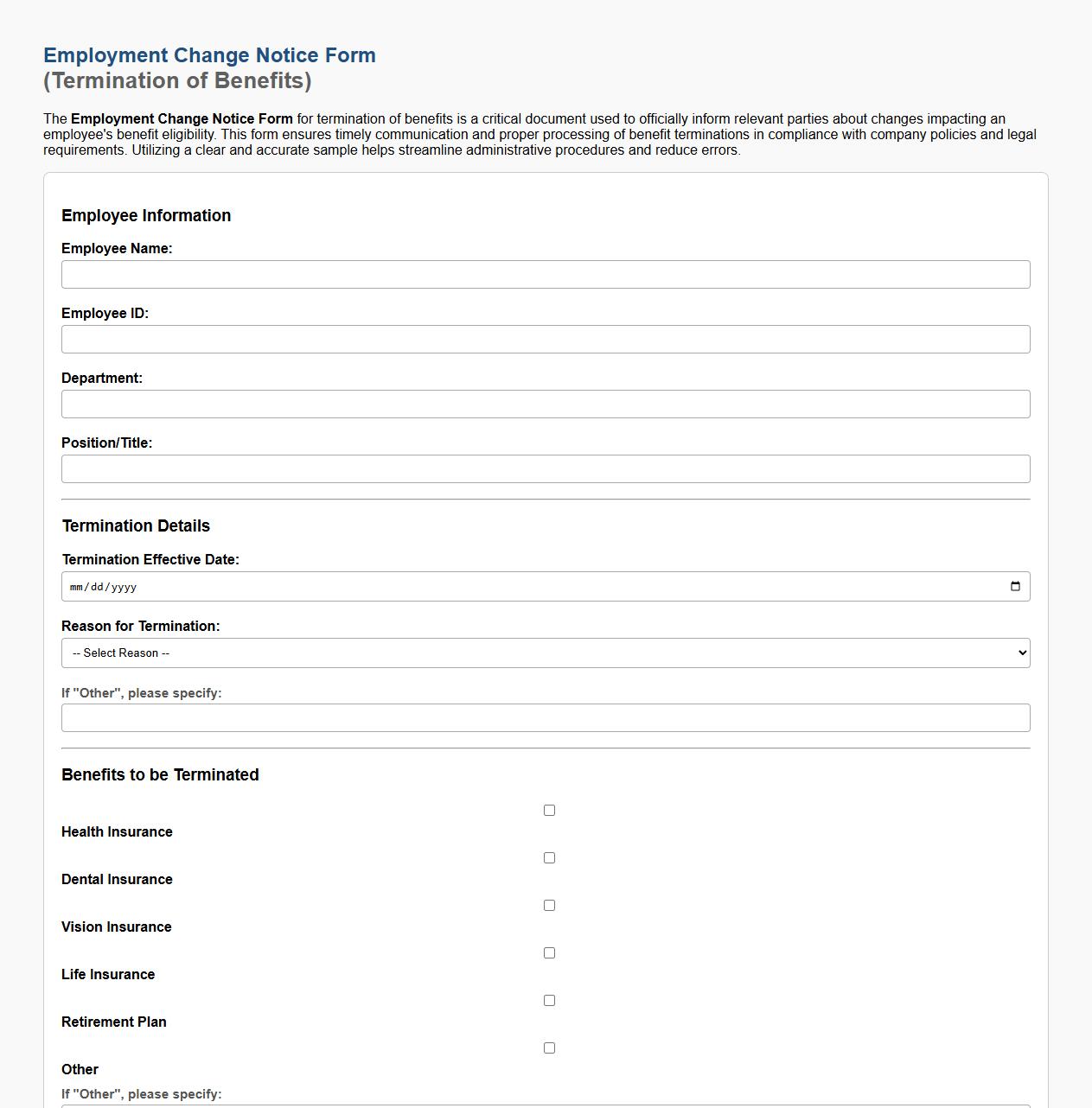 Employment change notice form sample for termination of benefits image preview