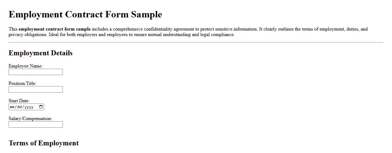 Employment contract form sample including confidentiality agreement image preview