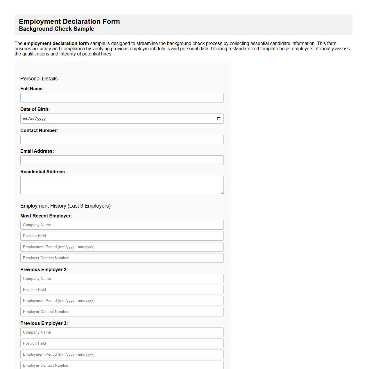 employment declaration form sample for background check image preview