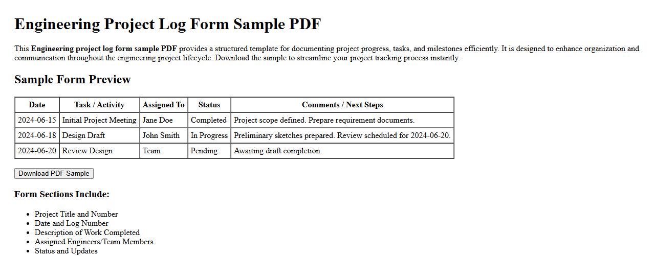 Engineering project log form sample PDF image preview