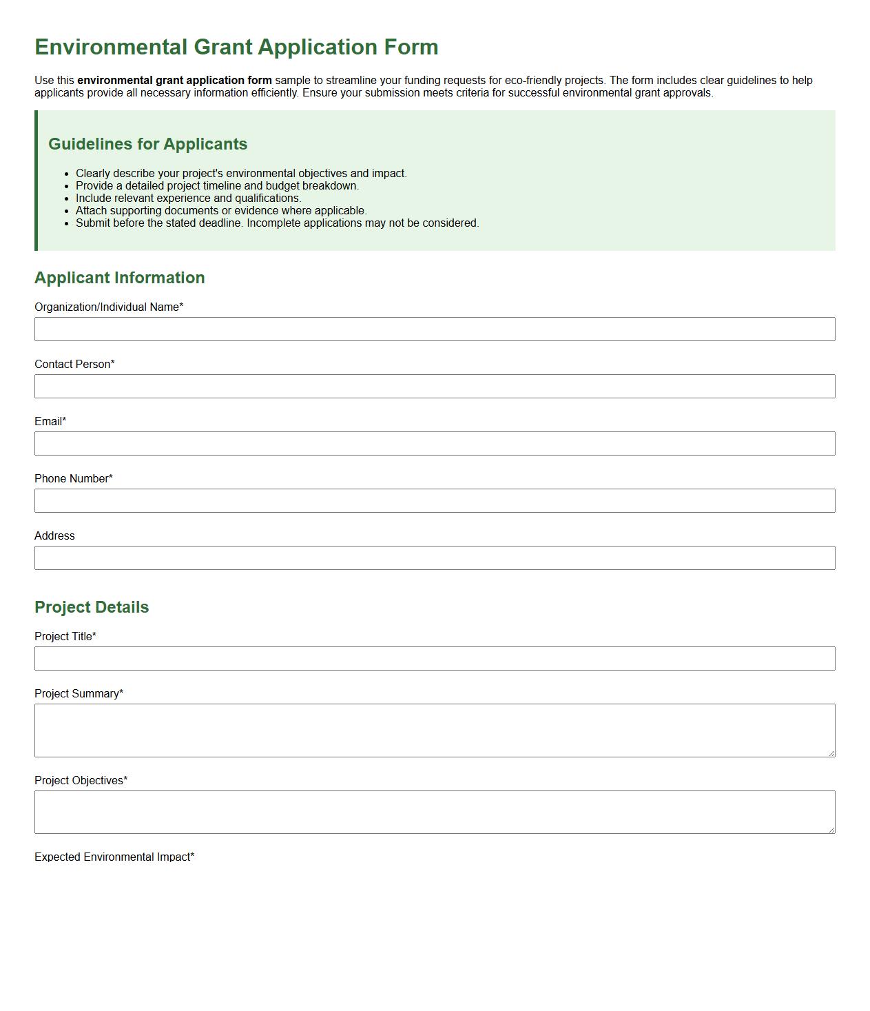 Environmental grant application form sample with guidelines image preview
