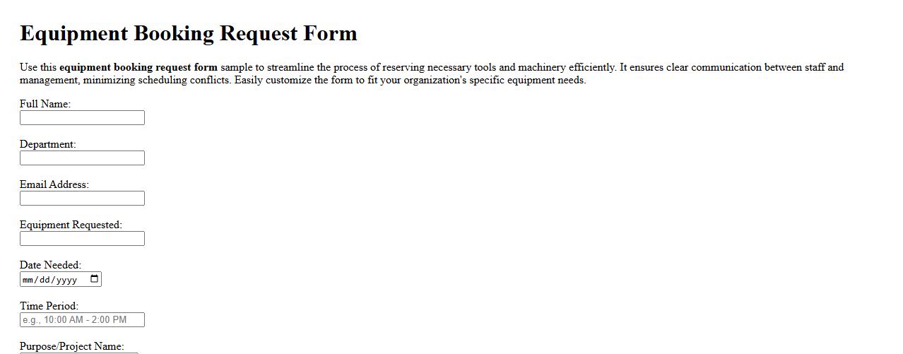 Equipment booking request form sample image preview