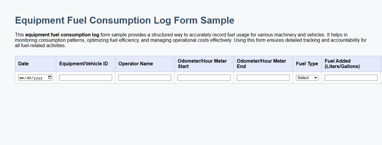 Equipment fuel consumption log form sample image preview