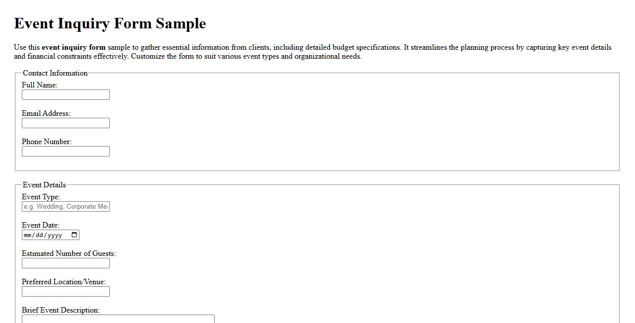 Event inquiry form sample with budget information image preview