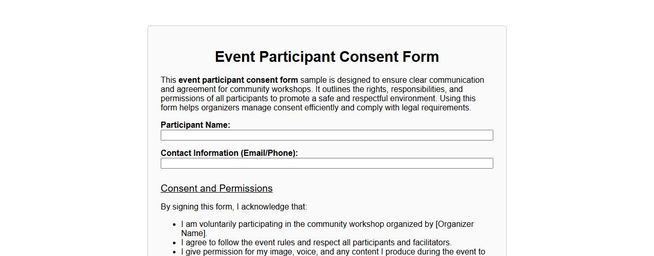 Event participant consent form sample for community workshops image preview