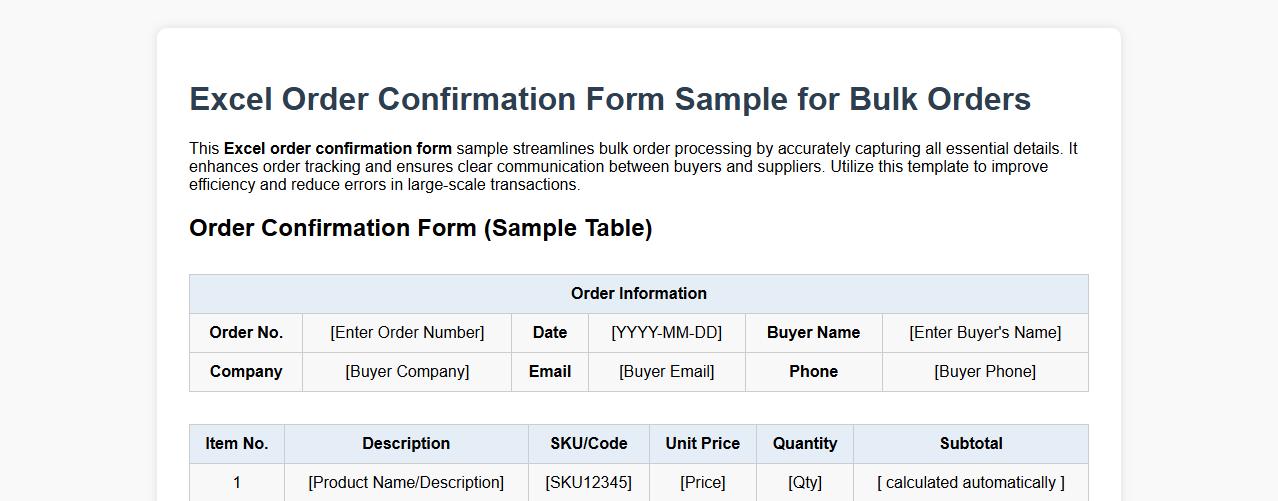 excel order confirmation form sample for bulk orders image preview