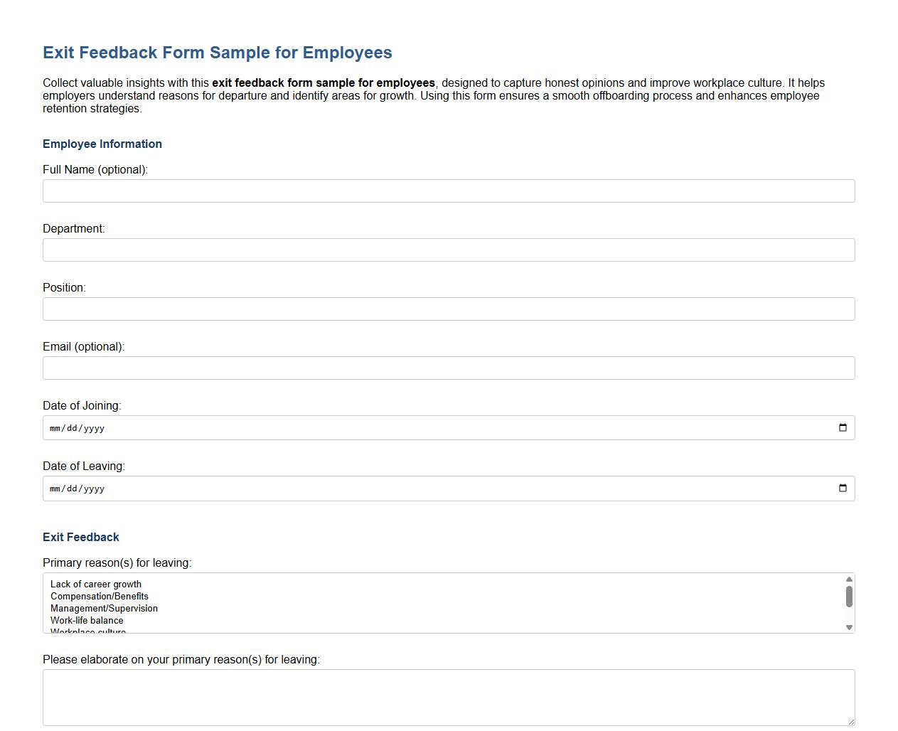 exit feedback form sample for employees image preview
