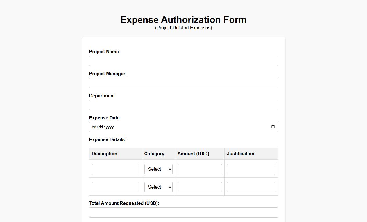 expense authorization form sample for project-related expenses image preview