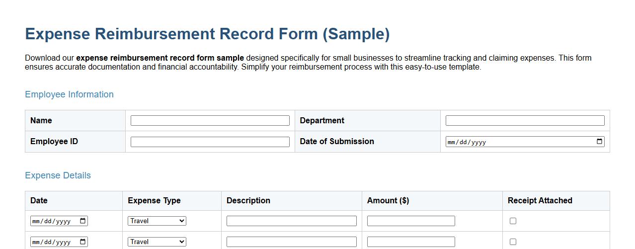 expense reimbursement record form sample for small business image preview