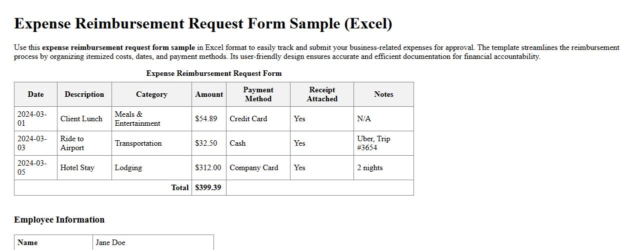 Expense reimbursement request form sample in Excel format image preview