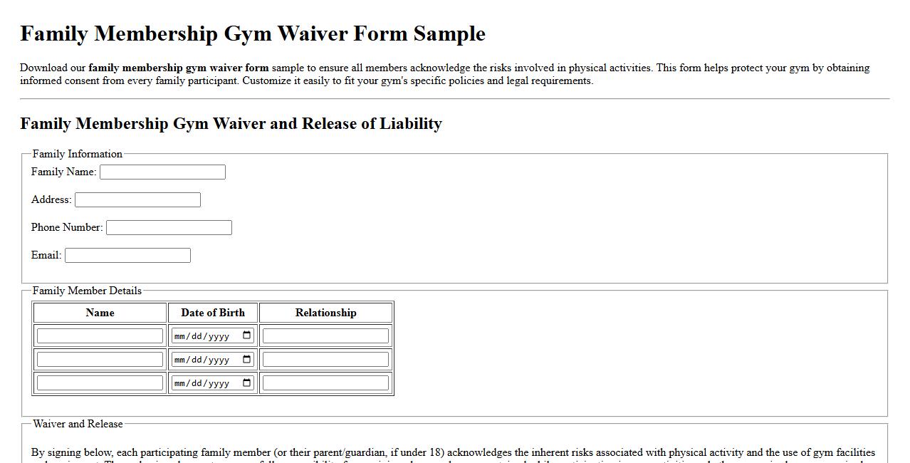 Family membership gym waiver form sample image preview