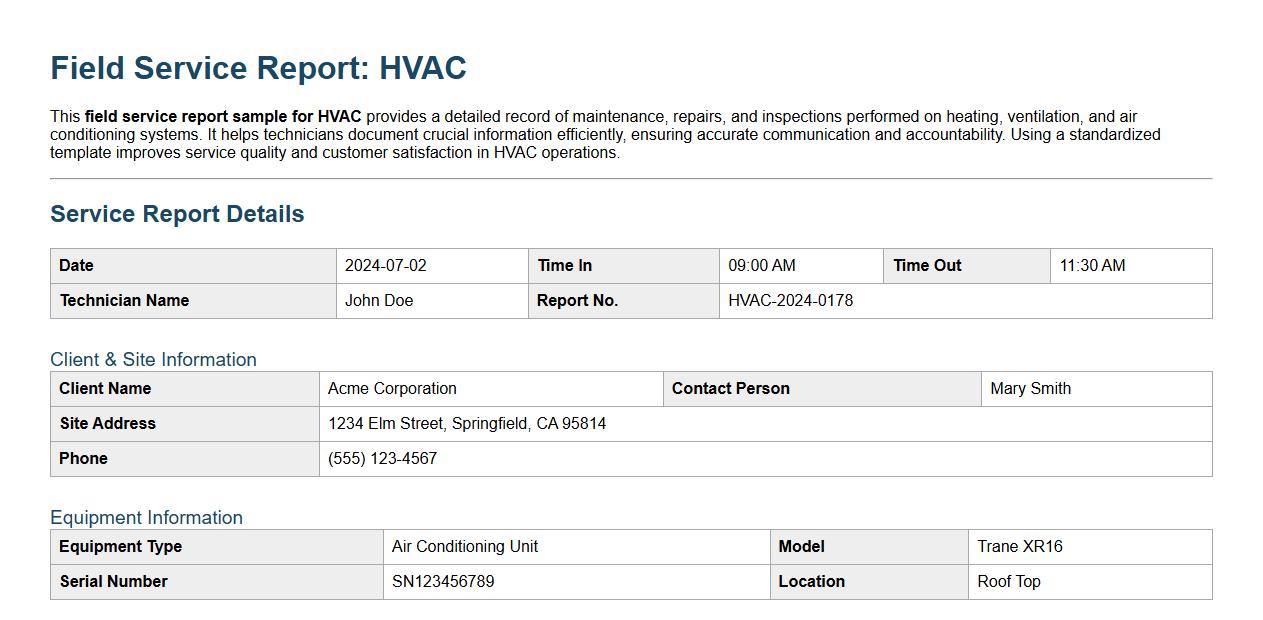 Field service report sample for HVAC image preview