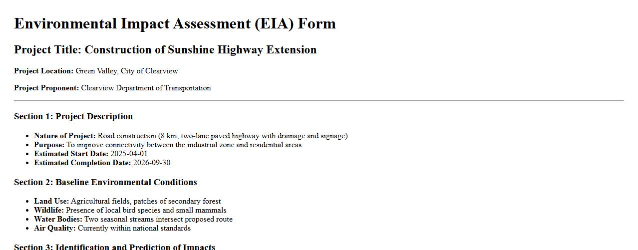 Filled environmental impact assessment form for road projects image preview