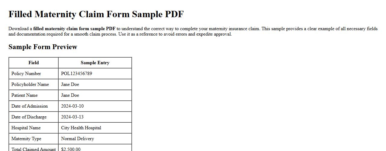 Filled maternity claim form sample pdf image preview