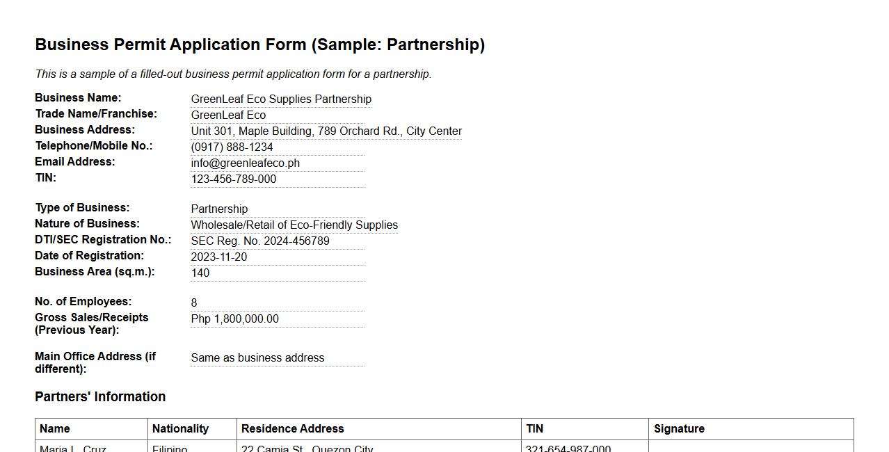 filled-out business permit form sample for partnership image preview
