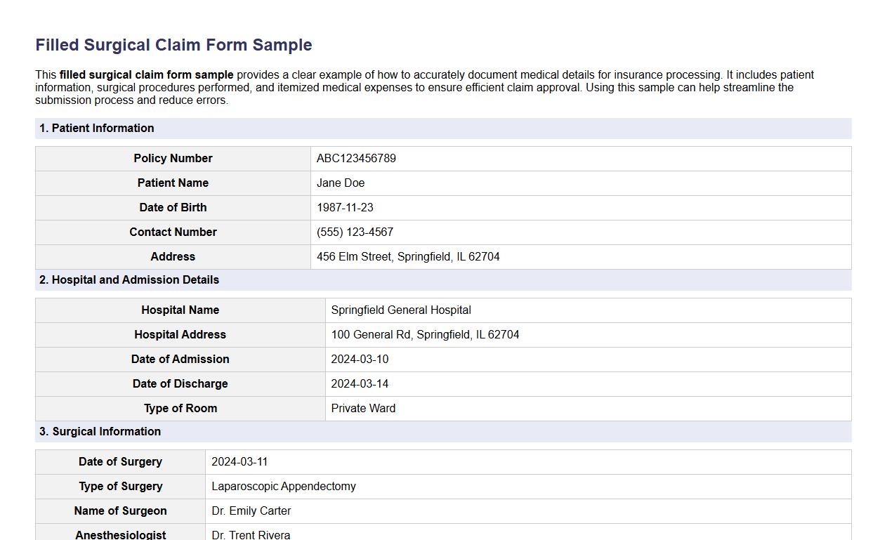filled surgical claim form sample with medical details image preview