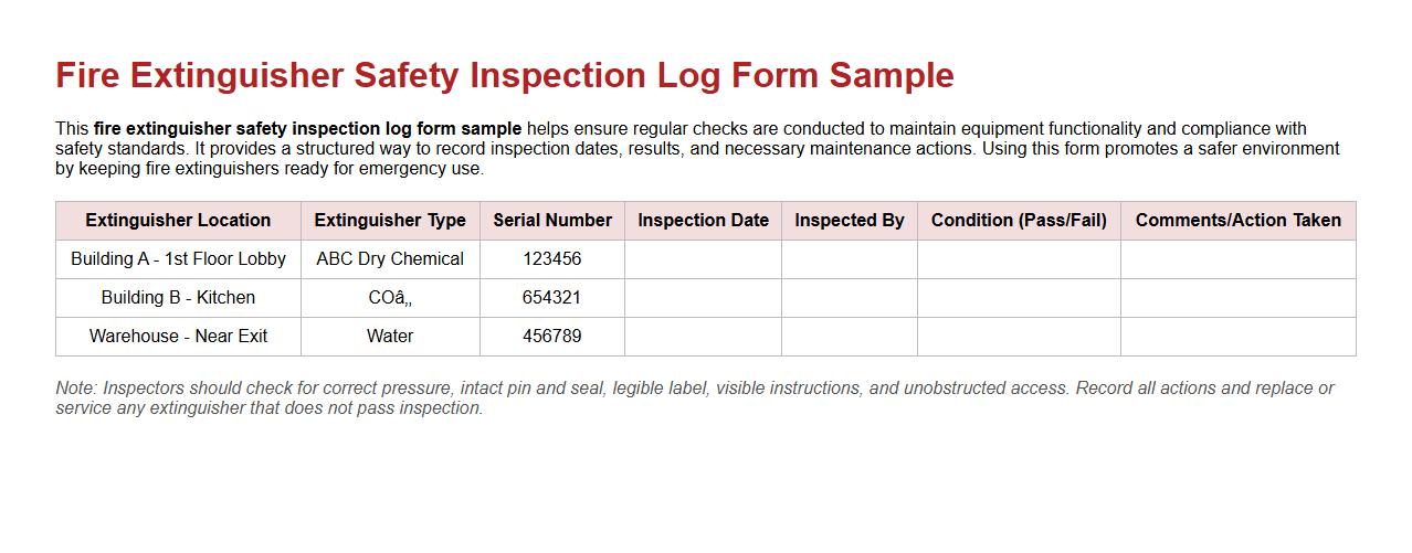 Fire extinguisher safety inspection log form sample image preview