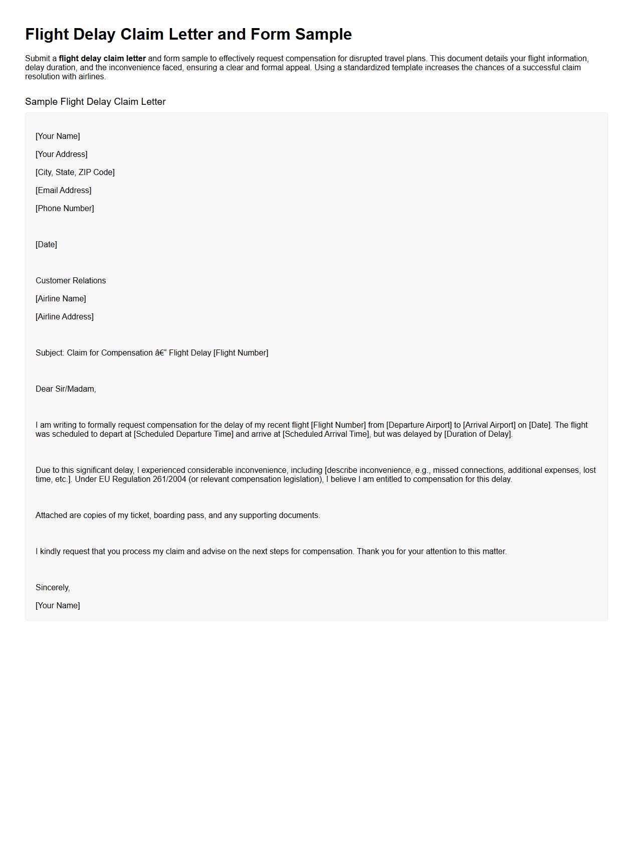 flight delay claim letter and form sample image preview