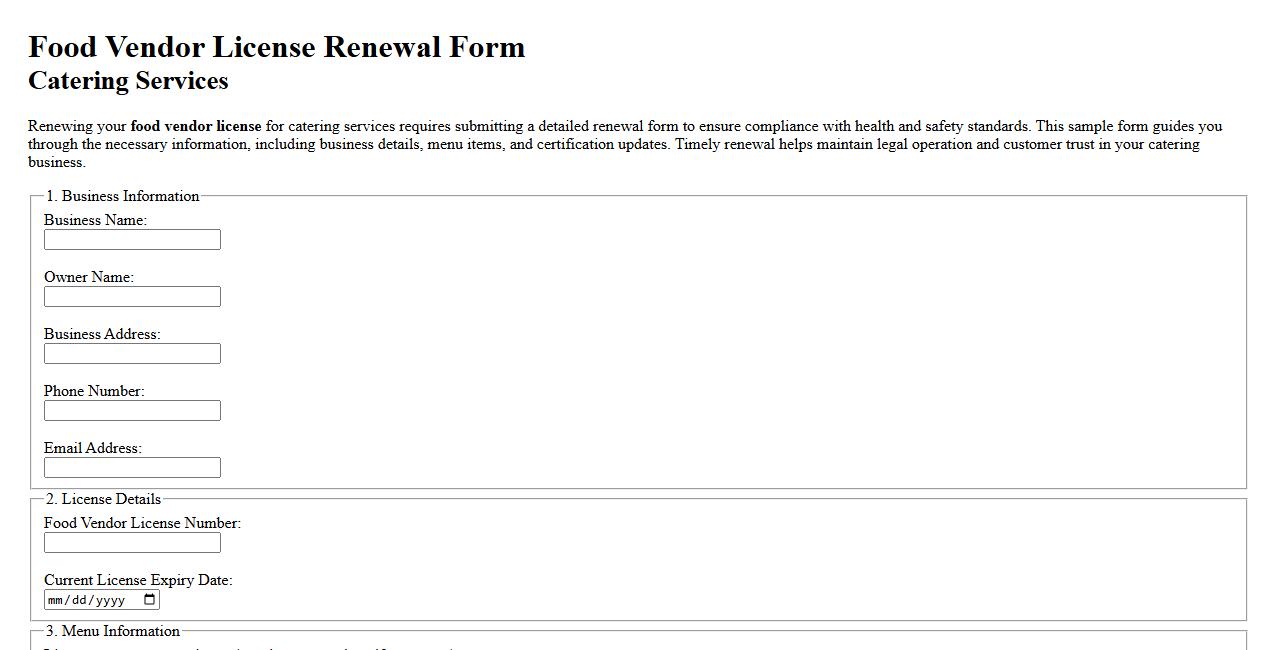 Food vendor license renewal form sample for catering services image preview