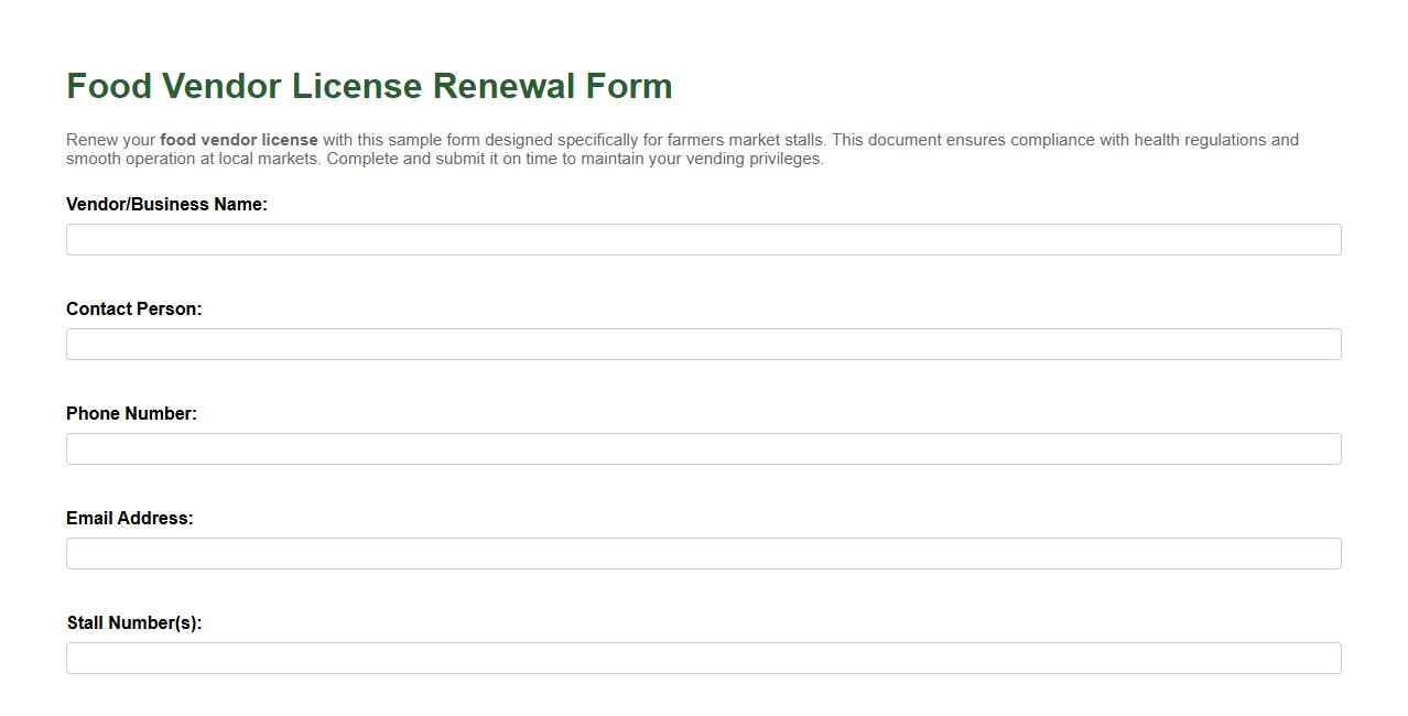 Food vendor license renewal form sample for farmers market stalls image preview