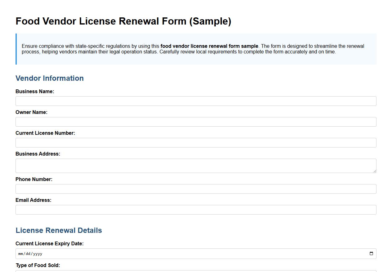 Food vendor license renewal form sample for state-specific regulations image preview