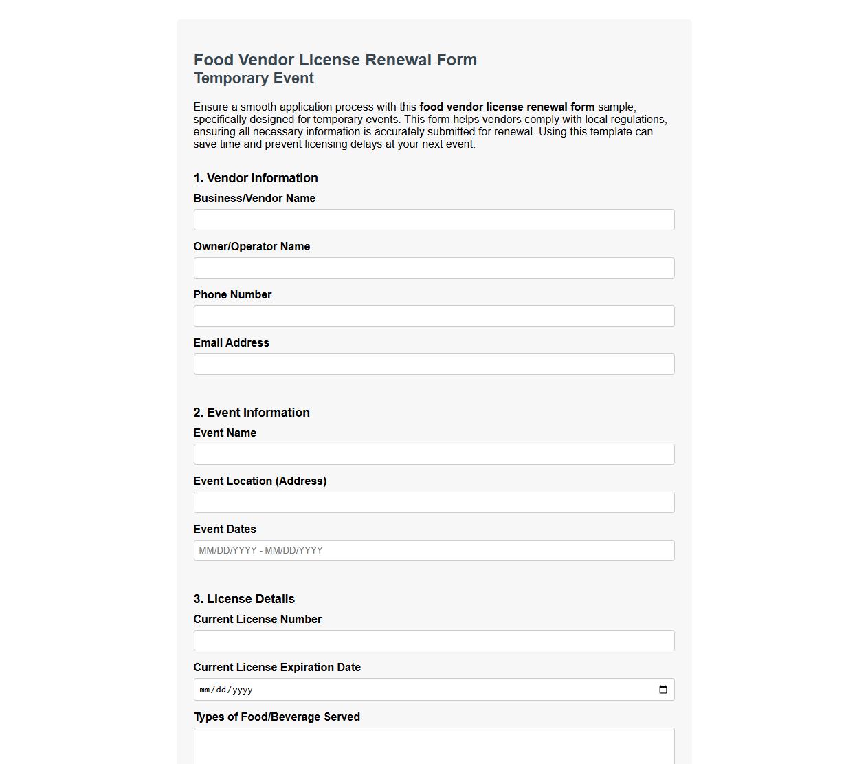 Food vendor license renewal form sample for temporary event image preview