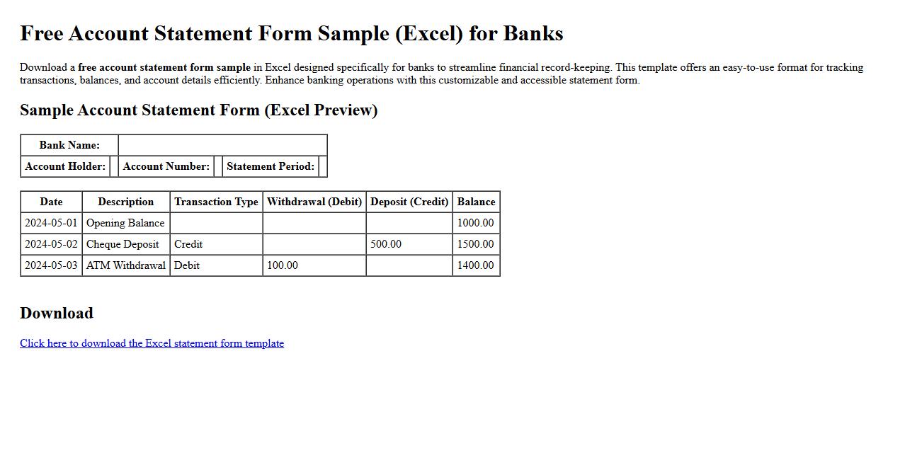 free account statement form sample excel for banks image preview