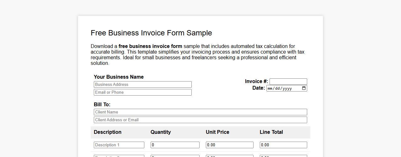 Free business invoice form sample with tax calculation image preview