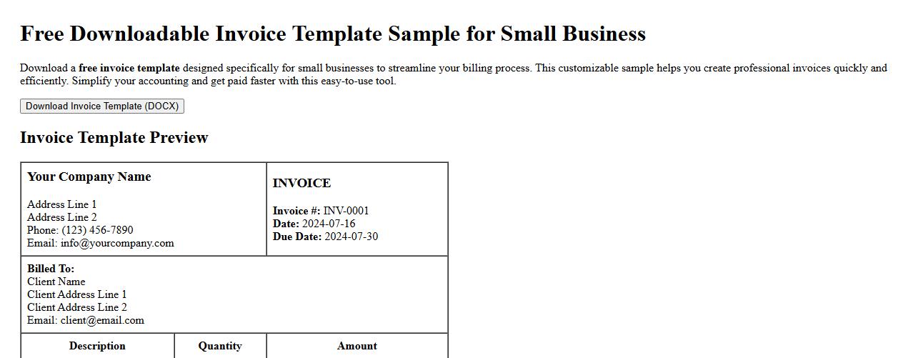 Free downloadable invoice template sample for small business image preview