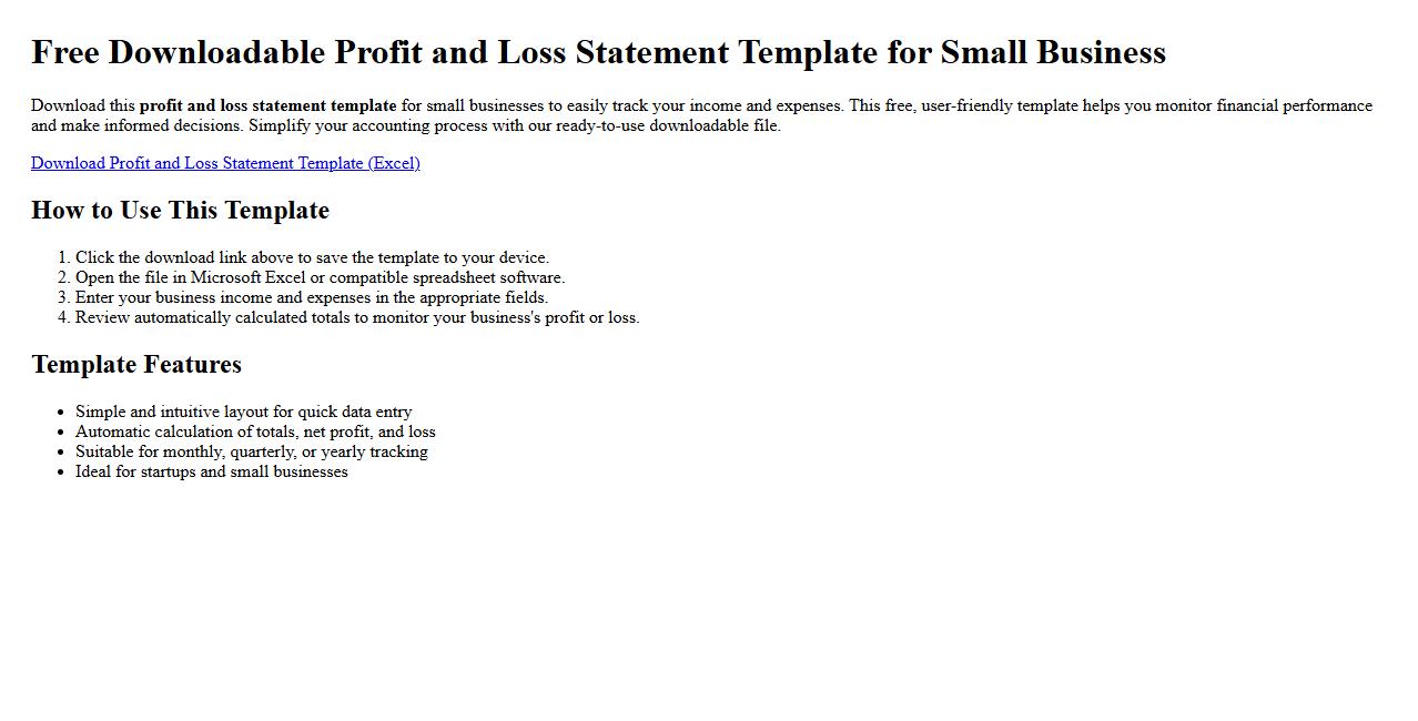 Free downloadable profit and loss statement template for small business image preview