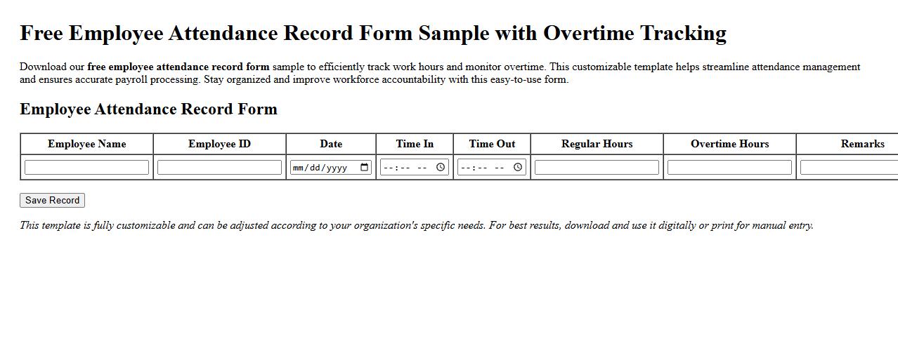 Free employee attendance record form sample with overtime tracking image preview