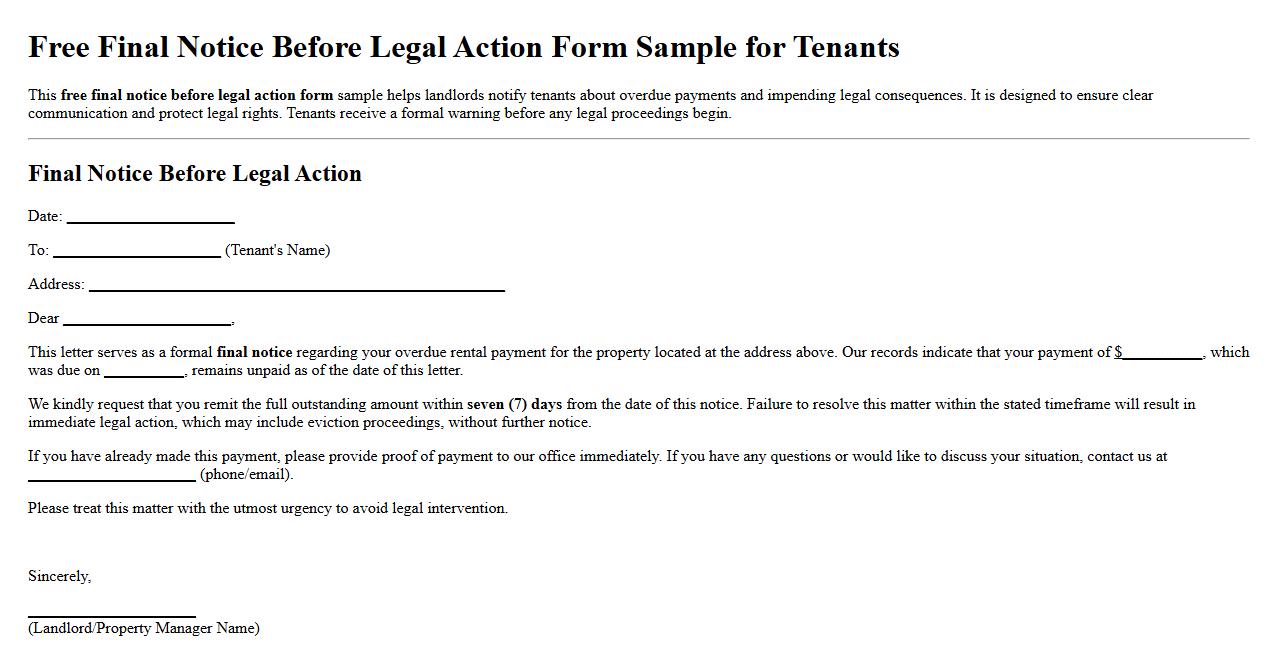 Free final notice before legal action form sample for tenants image preview