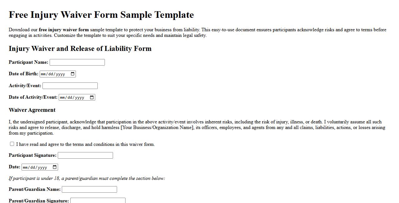 Free injury waiver form sample template image preview